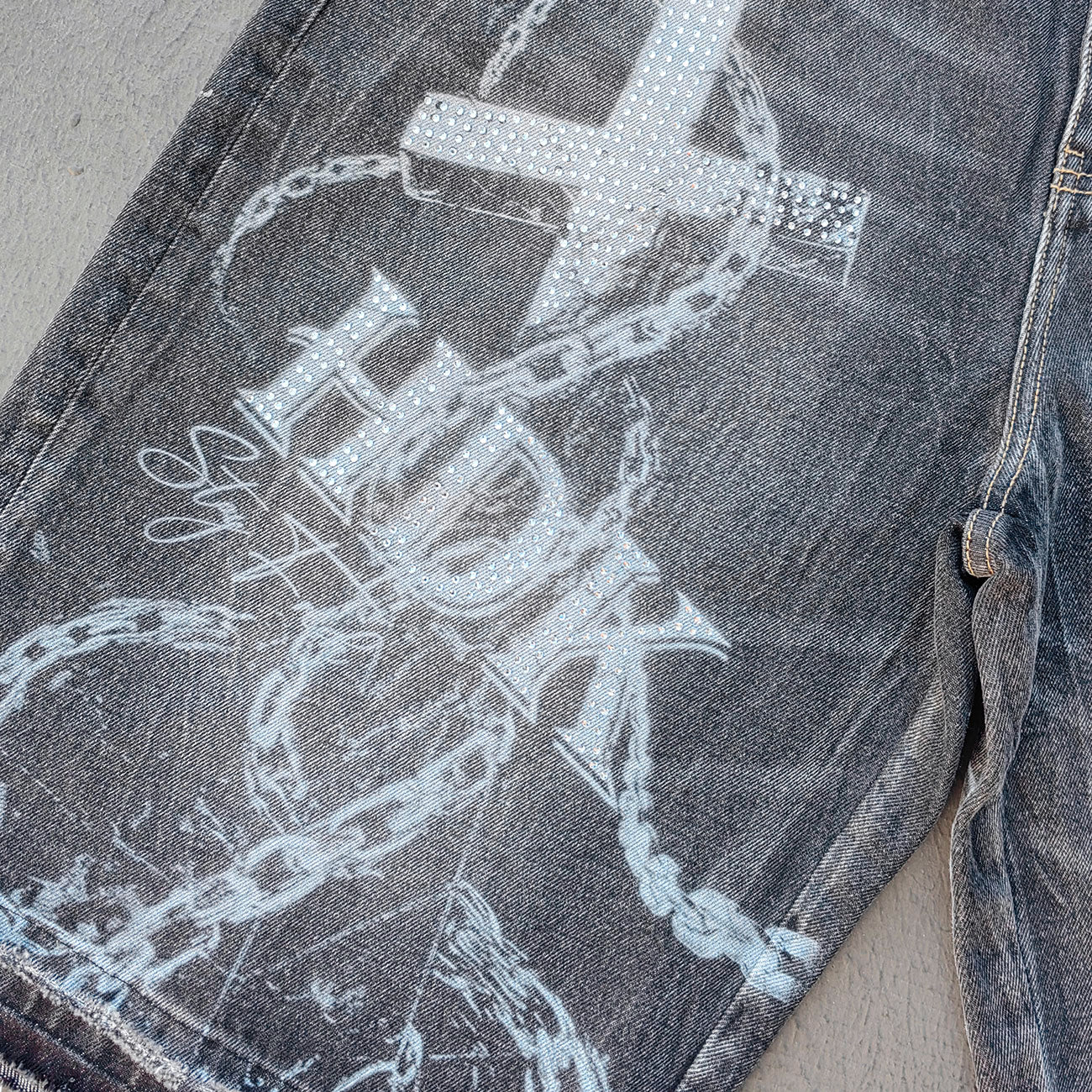 Religious Print Denim Shorts - Rhinestone Cross Y2K Baggy Black Jorts
