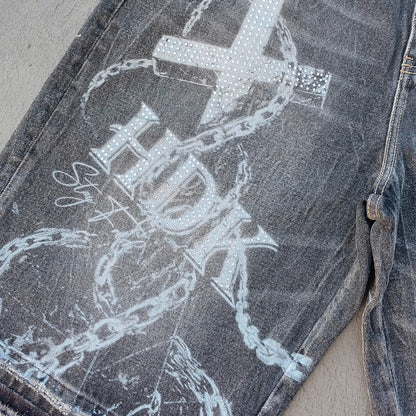 Religious Print Denim Shorts - Rhinestone Cross Y2K Baggy Black Jorts