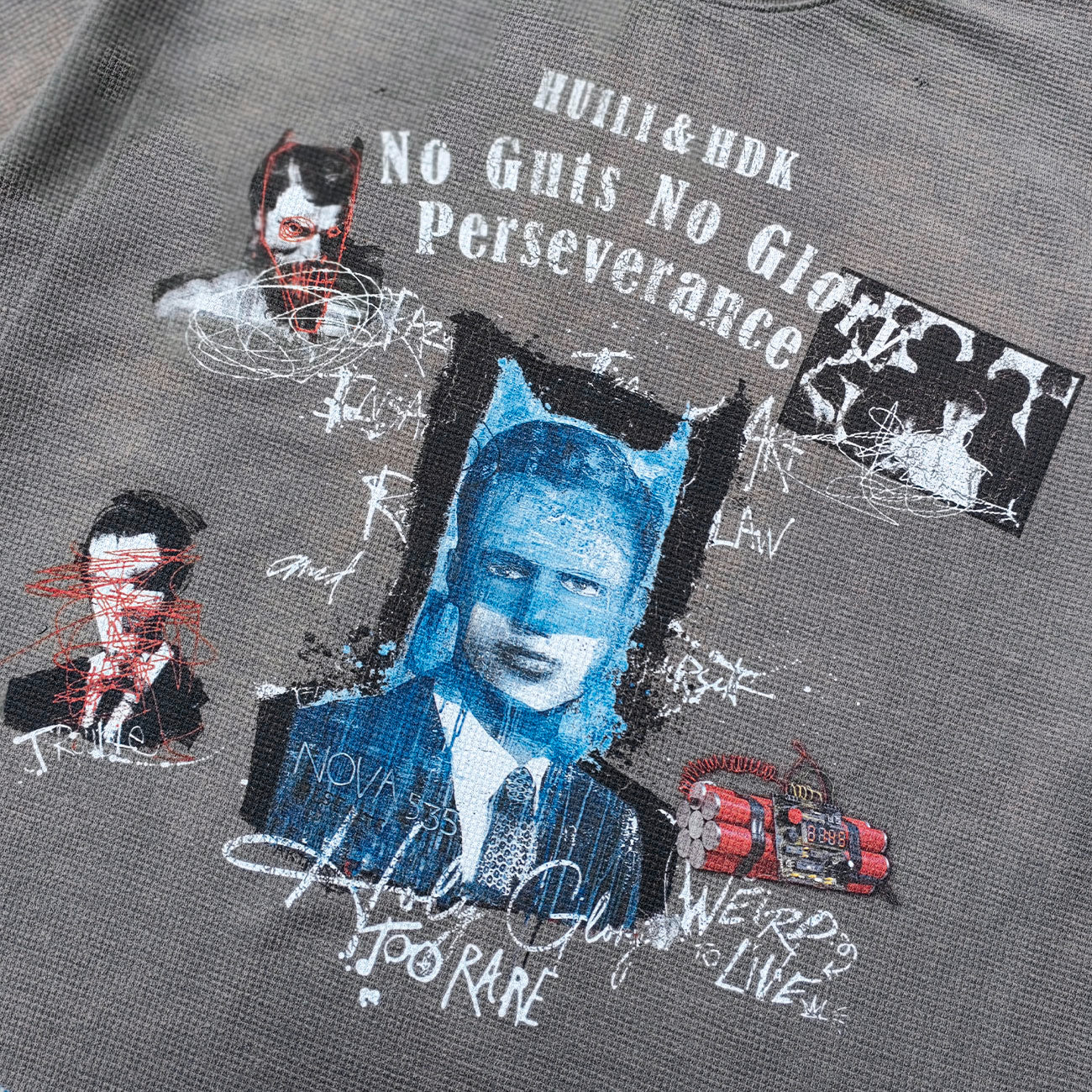 Collage Graphic Long Sleeve Tee - Gray Brown Waffle Knit Acid Wash Portrait Print Y2K Streetwear