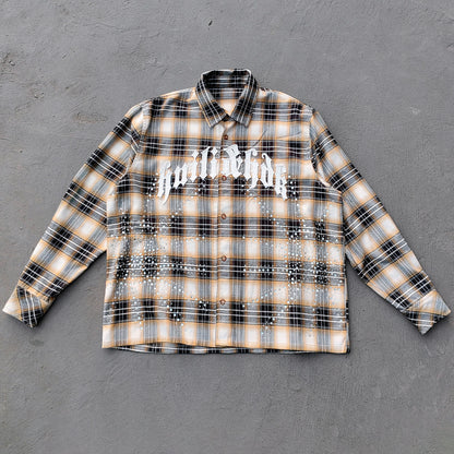 Gothic Embroidered Plaid Shirt - Yellow Black Rhinestone Y2K Button Up Streetwear
