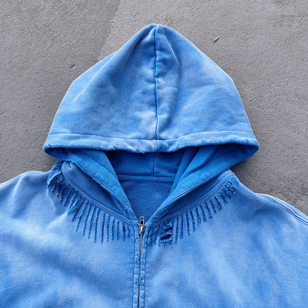 Flame Print Zip Up Hoodie - Distressed Ripped Acid Wash Y2K Streetwear