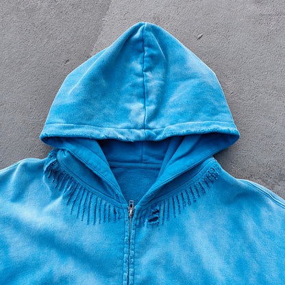 Flame Print Zip Up Hoodie - Distressed Ripped Acid Wash Y2K Streetwear