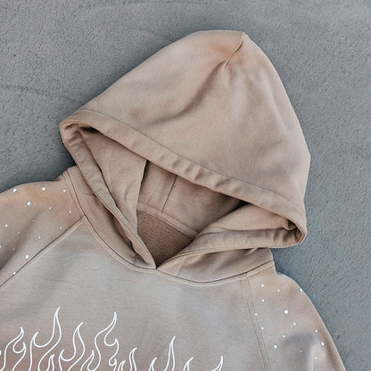 FEARLESS Rhinestone Hoodie - Flame Print Khaki Distressed Y2K Streetwear
