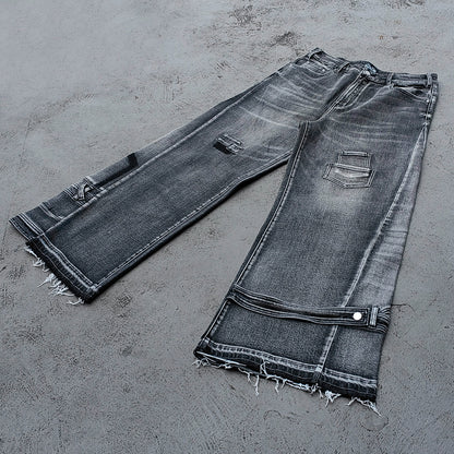 Wide Leg Jeans - Black Gray Acid Wash Multi Pocket Cargo Strap Frayed Hem Y2K Streetwear