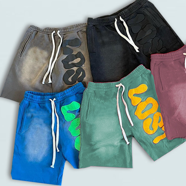 HUILI FACTORY 100% cotton shorts men custom streetwear vintage acid wash puff print shorts
