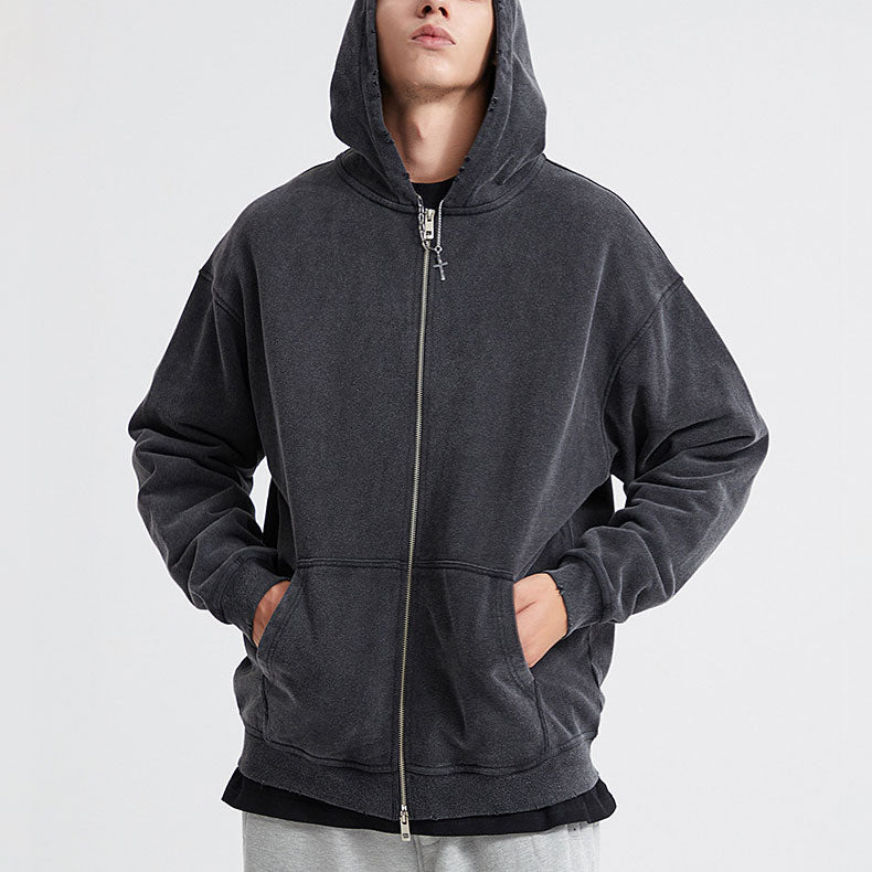 Huili manufacturer heavy 420g wool zipper hoodie pure cotton made old vintage edging damage hoodie
