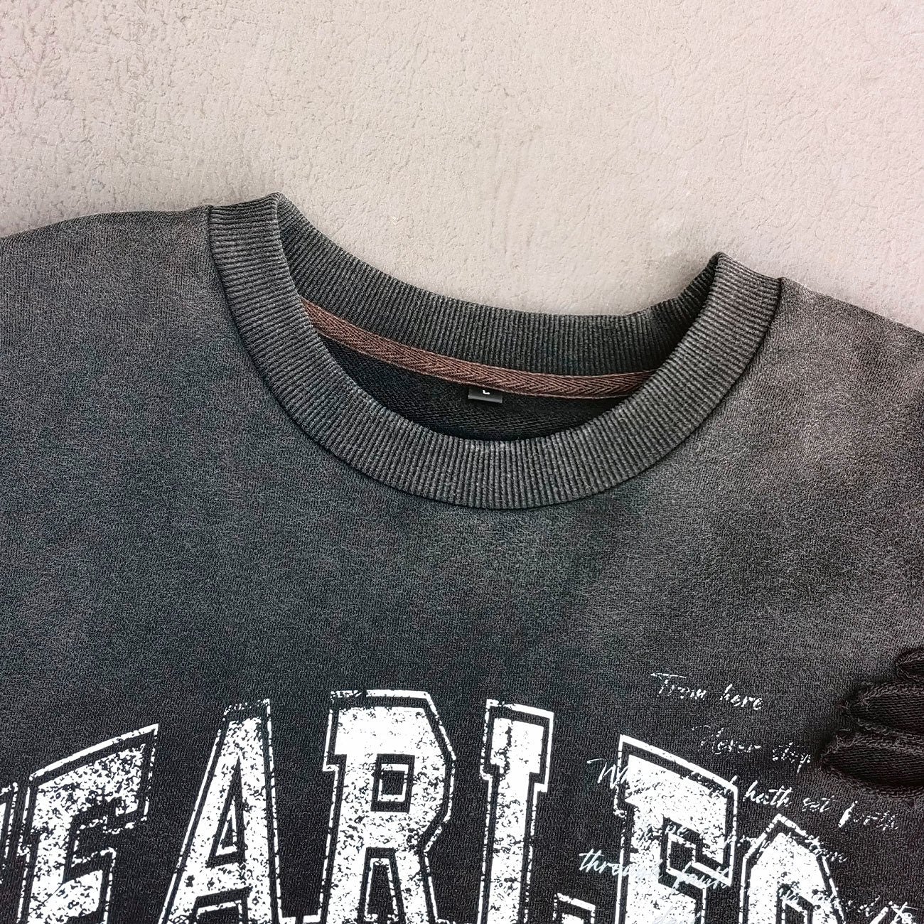 Camo Layered Crewneck - FEARLESS 03 Print Studded Rhinestone Distressed Sweatshirt