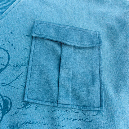 Graffiti Print Crewneck - Blue Acid Wash Distressed Y2K Oversized Sweatshirt