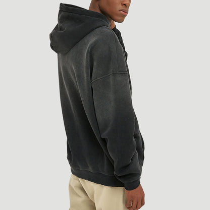 Men’s Oversized Black Hoodie 360G Fleece Vintage Wash Distressed Y2K Streetwear Gradient Pullover Hooded Sweatshirt