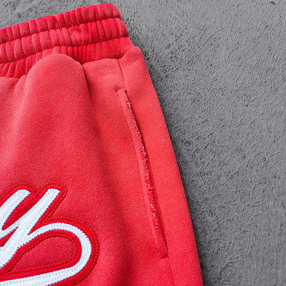 Red Glory Patch Pants - Multi Badge Embroidered Acid Wash Wide Leg Drawstring Y2K Oversized
