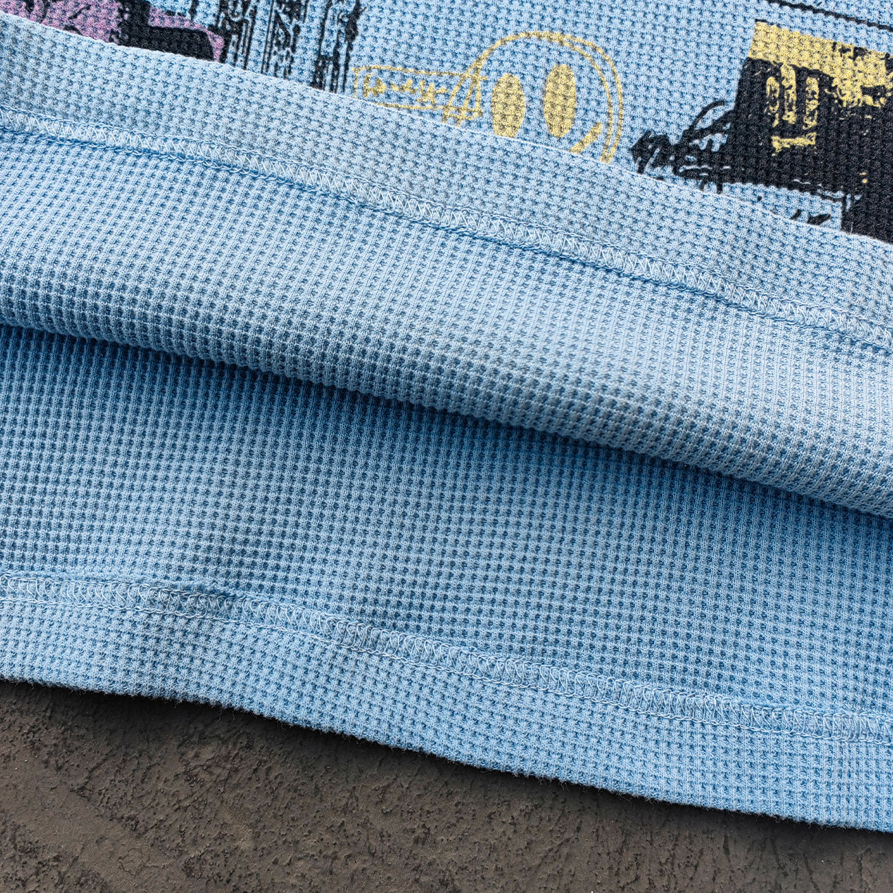 Graffiti Print Raglan Long Sleeve - Blue Yellow Color Block Waffle Knit Y2K Streetwear