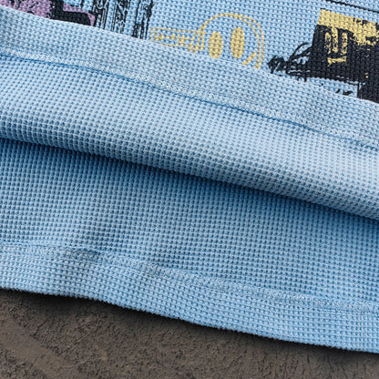 Graffiti Print Raglan Long Sleeve - Blue Yellow Color Block Waffle Knit Y2K Streetwear