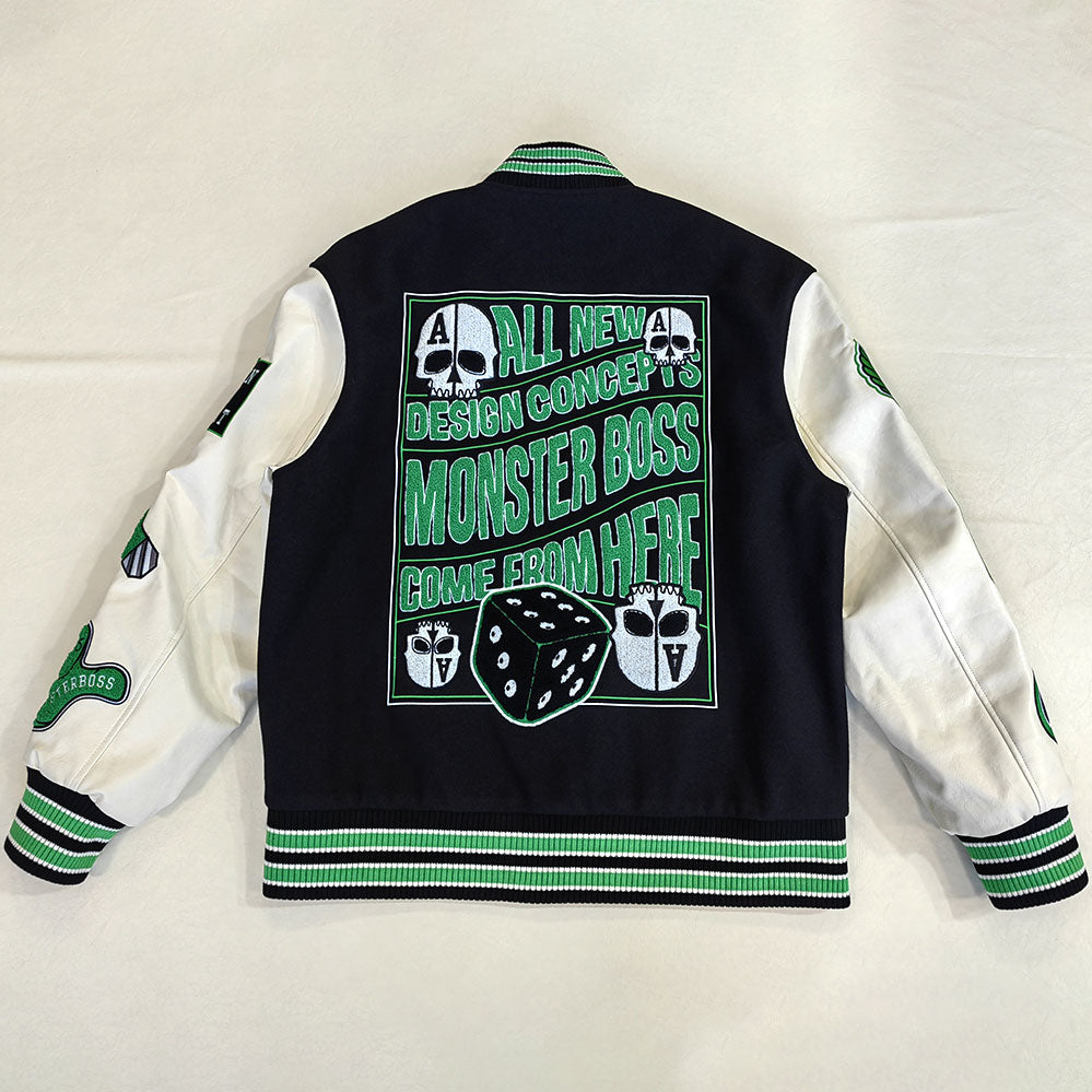 FACTORY streetwear custom leather sleeve applique embroidery varsity jacket