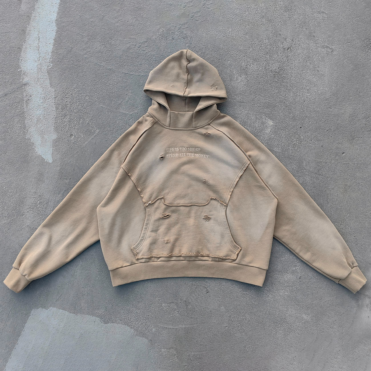 Distressed Deconstructed Hoodie - Life is Too Short Embroidery Y2K Streetwear