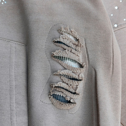FEARLESS Rhinestone Hoodie - Flame Print Khaki Distressed Y2K Streetwear
