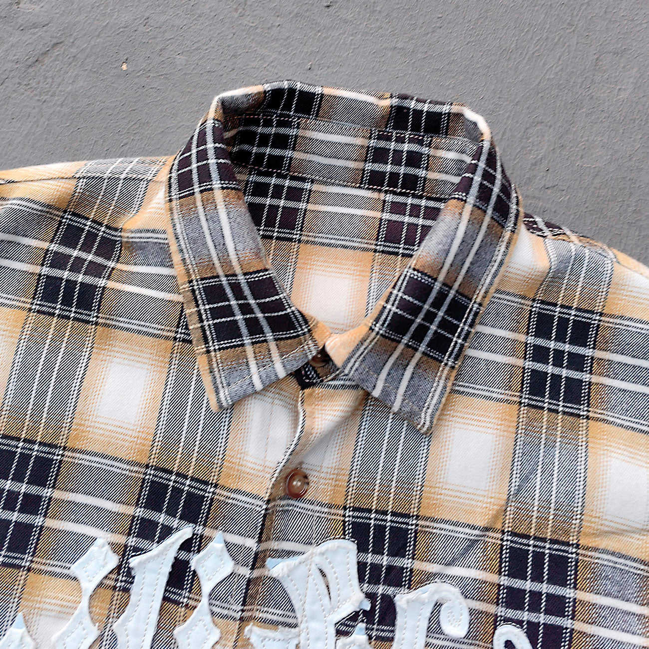 Gothic Embroidered Plaid Shirt - Yellow Black Rhinestone Y2K Button Up Streetwear