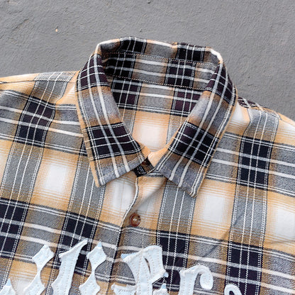 Gothic Embroidered Plaid Shirt - Yellow Black Rhinestone Y2K Button Up Streetwear