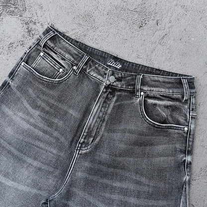Wide Leg Jeans - Black Gray Acid Wash Multi Pocket Cargo Strap Frayed Hem Y2K Streetwear