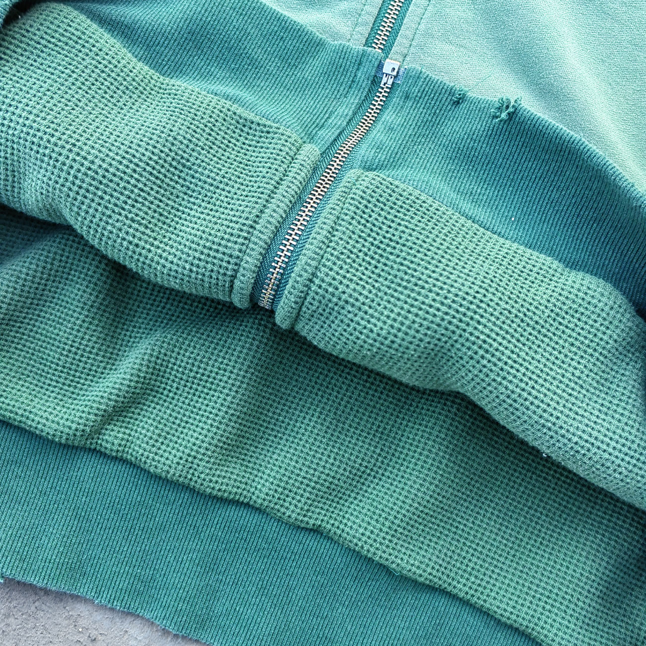 Reversible Zip Up Hoodie - Mint Green Waffle Knit Distressed Y2K Streetwear