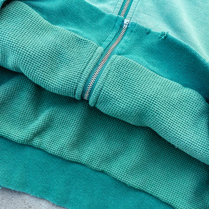 Reversible Zip Up Hoodie - Mint Green Waffle Knit Distressed Y2K Streetwear