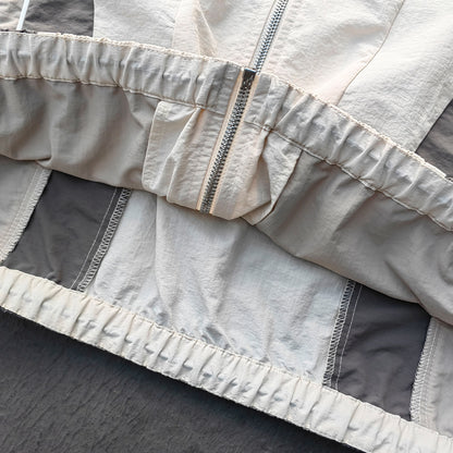 White Gray Color Block Tracksuit - Y2K Curved Piping Windbreaker Matching Set