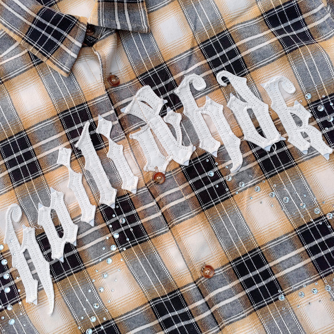 Gothic Embroidered Plaid Shirt - Yellow Black Rhinestone Y2K Button Up Streetwear