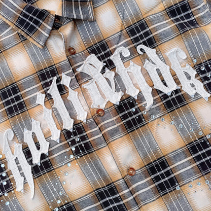 Gothic Embroidered Plaid Shirt - Yellow Black Rhinestone Y2K Button Up Streetwear