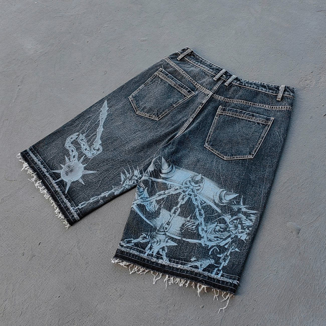 Religious Print Denim Shorts - Rhinestone Cross Y2K Baggy Black Jorts
