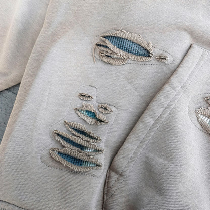 FEARLESS Rhinestone Hoodie - Flame Print Khaki Distressed Y2K Streetwear
