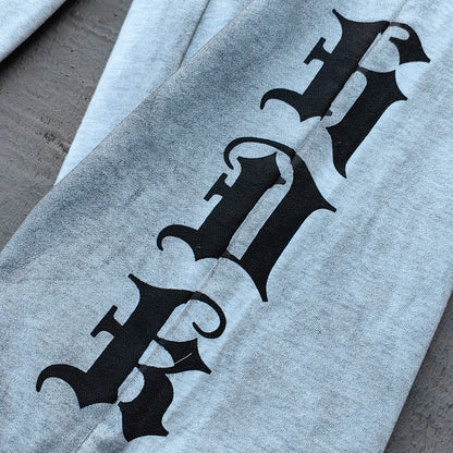 Holy Glory Sweatpants - Light Gray Acid Wash Gothic Font Print Drawstring Hem Wide Leg Y2K Streetwear