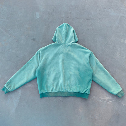 Reversible Zip Up Hoodie - Mint Green Waffle Knit Distressed Y2K Streetwear