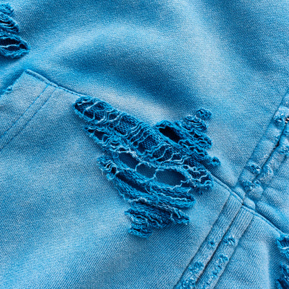 Flame Print Zip Up Hoodie - Distressed Ripped Acid Wash Y2K Streetwear