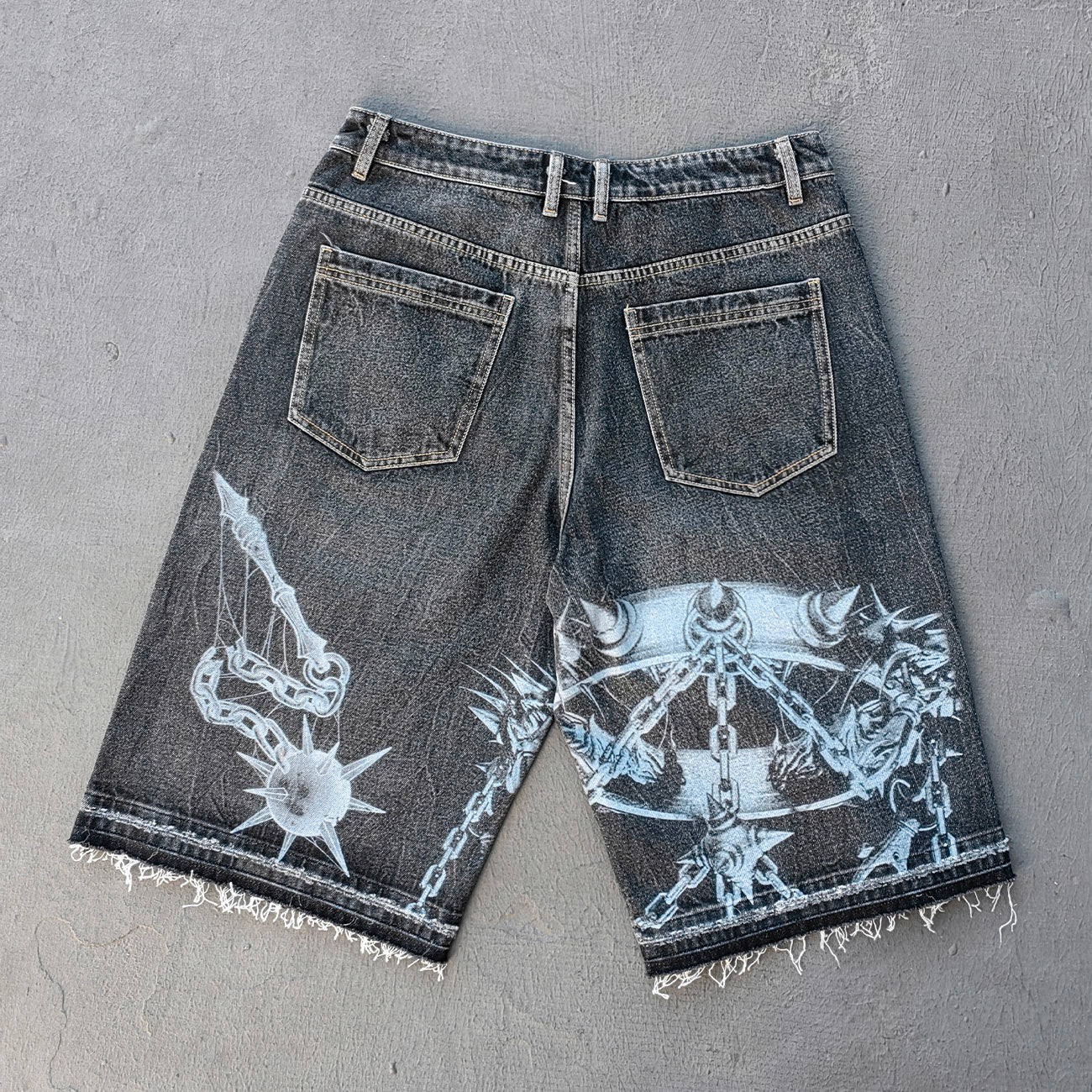 Religious Print Denim Shorts - Rhinestone Cross Y2K Baggy Black Jorts