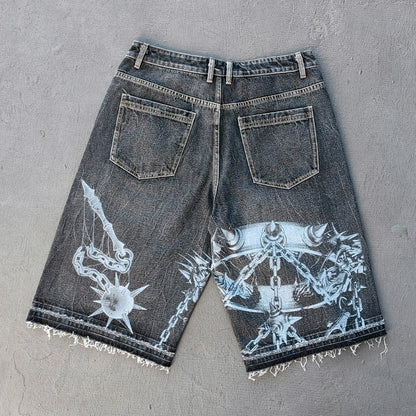 Religious Print Denim Shorts - Rhinestone Cross Y2K Baggy Black Jorts