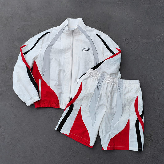 HDK Retro Track Suit - White Multi Color Panel Windbreaker Jacket & Shorts Y2K Oversized