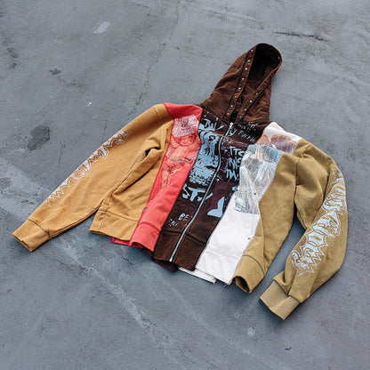 Religious Collage Zip Up Hoodie - Brown Yellow Red Color Block Studded Angel Mary Print Y2K Streetwear