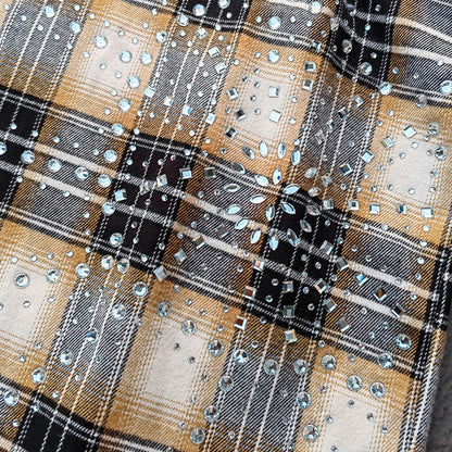 Gothic Embroidered Plaid Shirt - Yellow Black Rhinestone Y2K Button Up Streetwear