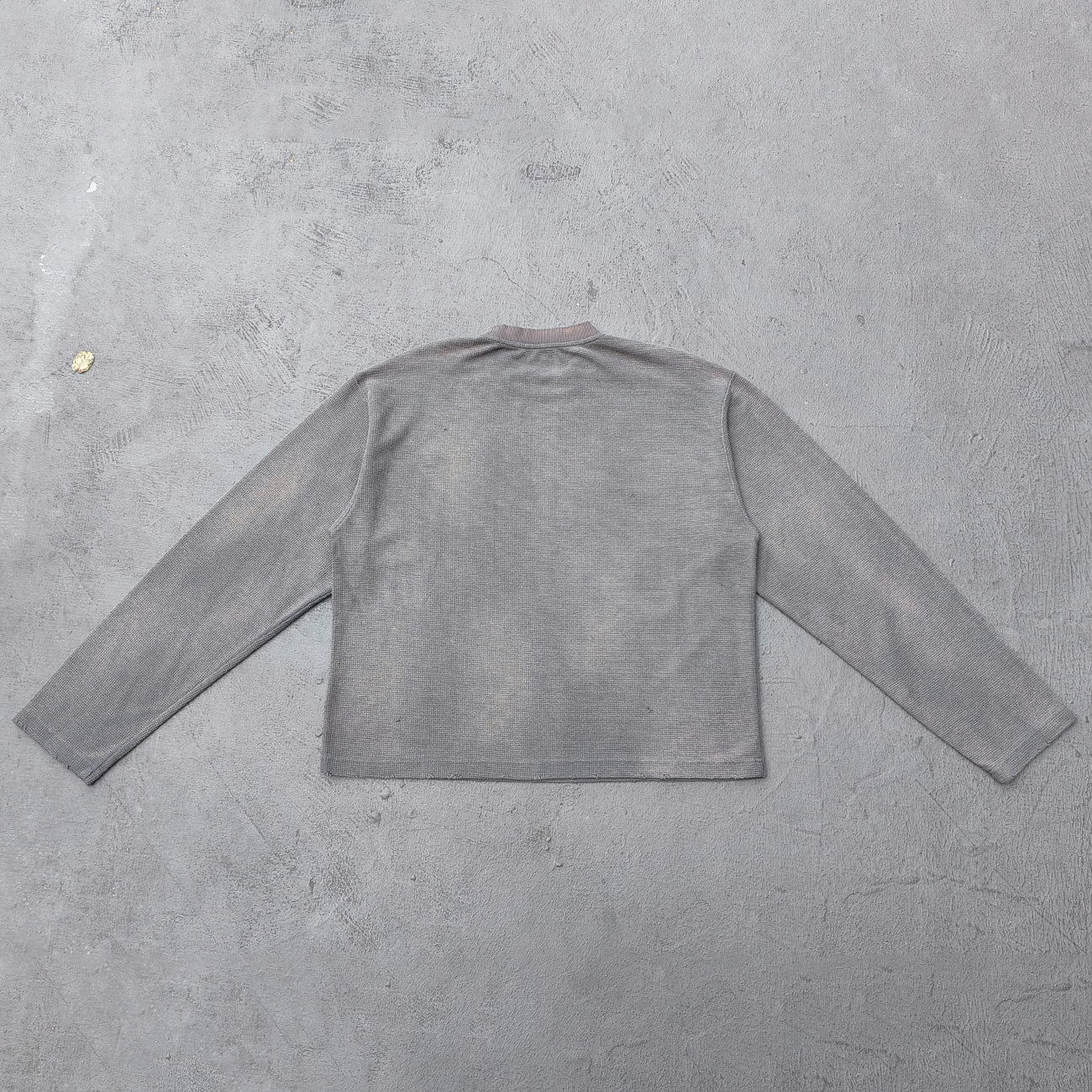 Collage Graphic Long Sleeve Tee - Gray Brown Waffle Knit Acid Wash Portrait Print Y2K Streetwear
