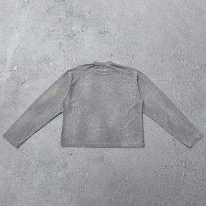 Collage Graphic Long Sleeve Tee - Gray Brown Waffle Knit Acid Wash Portrait Print Y2K Streetwear