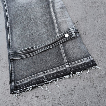 Wide Leg Jeans - Black Gray Acid Wash Multi Pocket Cargo Strap Frayed Hem Y2K Streetwear