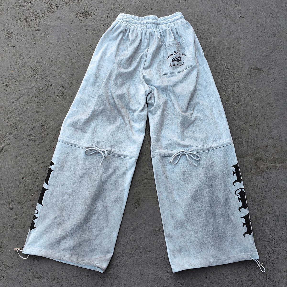 Holy Glory Sweatpants - Light Gray Acid Wash Gothic Font Print Drawstring Hem Wide Leg Y2K Streetwear