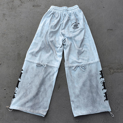 Holy Glory Sweatpants - Light Gray Acid Wash Gothic Font Print Drawstring Hem Wide Leg Y2K Streetwear