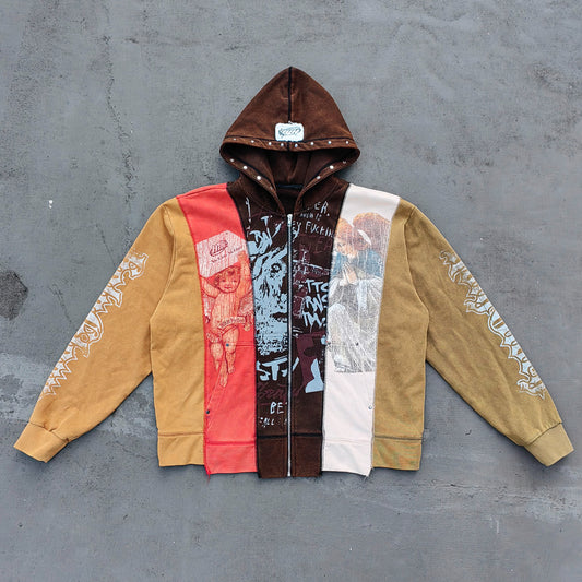 Religious Collage Zip Up Hoodie - Brown Yellow Red Color Block Studded Angel Mary Print Y2K Streetwear