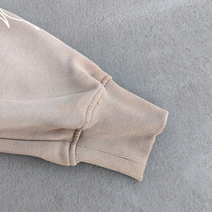 FEARLESS Rhinestone Hoodie - Flame Print Khaki Distressed Y2K Streetwear