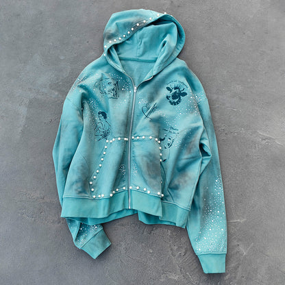 Tattoo Print Zip Up Hoodie - Gray Blue Studded Rhinestone Distressed Y2K Streetwear