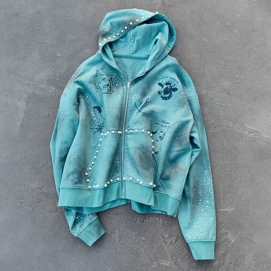 Tattoo Print Zip Up Hoodie - Gray Blue Studded Rhinestone Distressed Y2K Streetwear