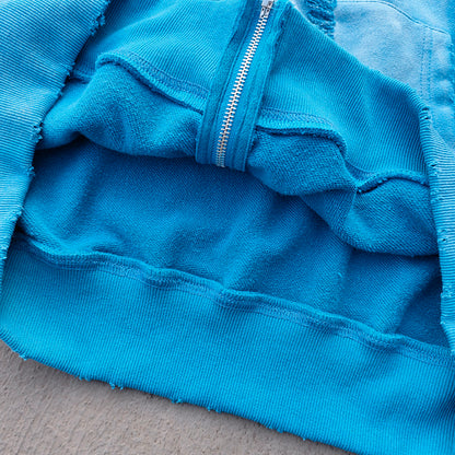 Flame Print Zip Up Hoodie - Distressed Ripped Acid Wash Y2K Streetwear
