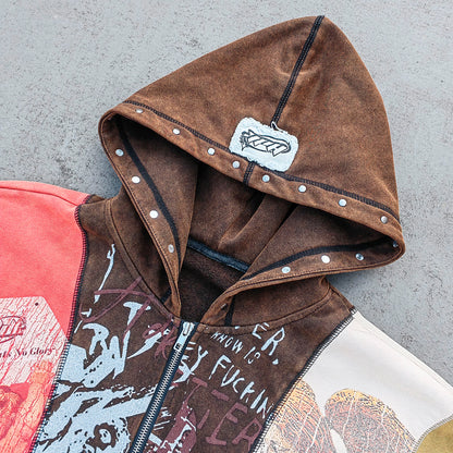 Religious Collage Zip Up Hoodie - Brown Yellow Red Color Block Studded Angel Mary Print Y2K Streetwear
