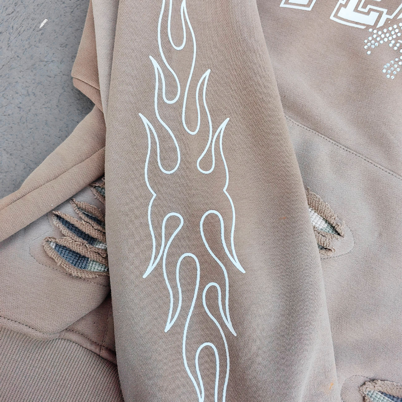 FEARLESS Rhinestone Hoodie - Flame Print Khaki Distressed Y2K Streetwear
