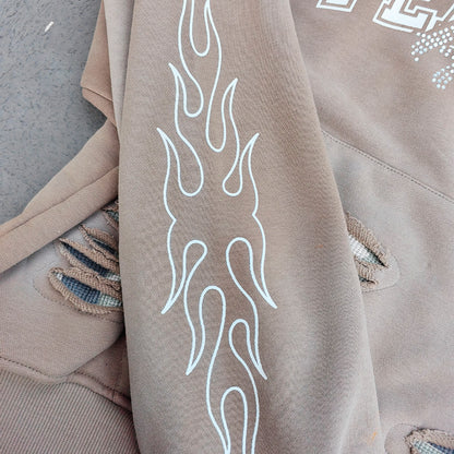 FEARLESS Rhinestone Hoodie - Flame Print Khaki Distressed Y2K Streetwear